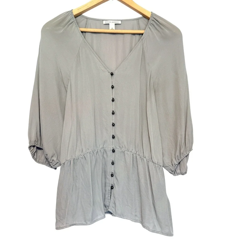 Banana Republic Silk Blouse Top Womens S Gray Feminine Renfair‎ Puff Sleeve